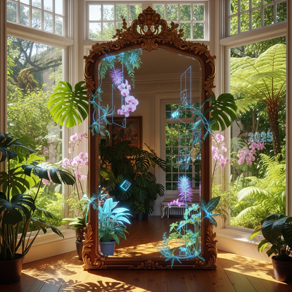 A 2025-inspired interior featuring a stylish mirror positioned opposite a window, reflecting lush indoor plants and natural sunlight. The placement enhances the sense of space, light, and openness, creating an expanded, airy, and visually uplifting modern atmosphere.