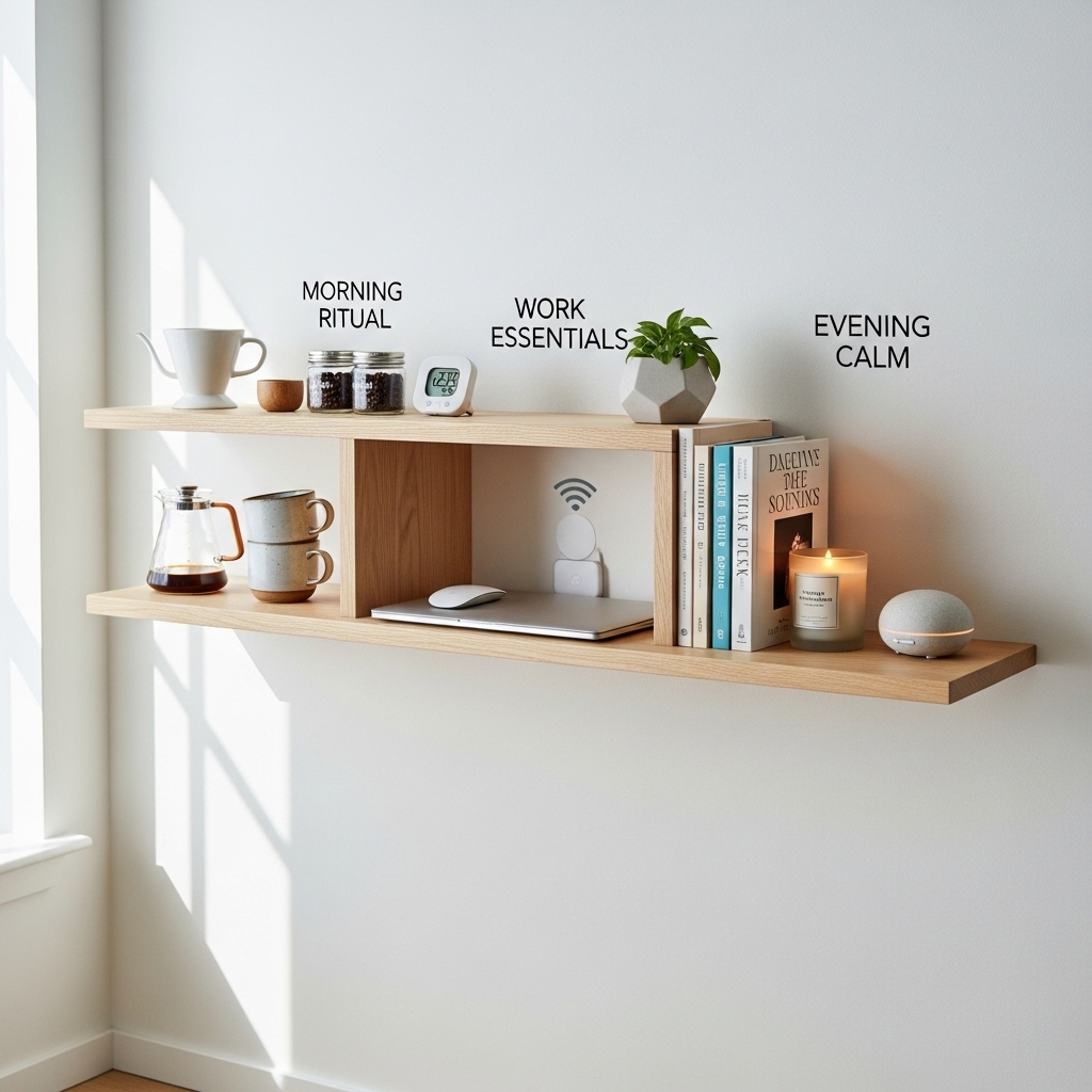 An eye-catching 2025-inspired floating shelf neatly labeled and styled with grouped items, leaving open space below for a clean, airy look. The organized layout, minimal décor, and balanced spacing evoke smooth daily routines and a calm, modern home atmosphere.