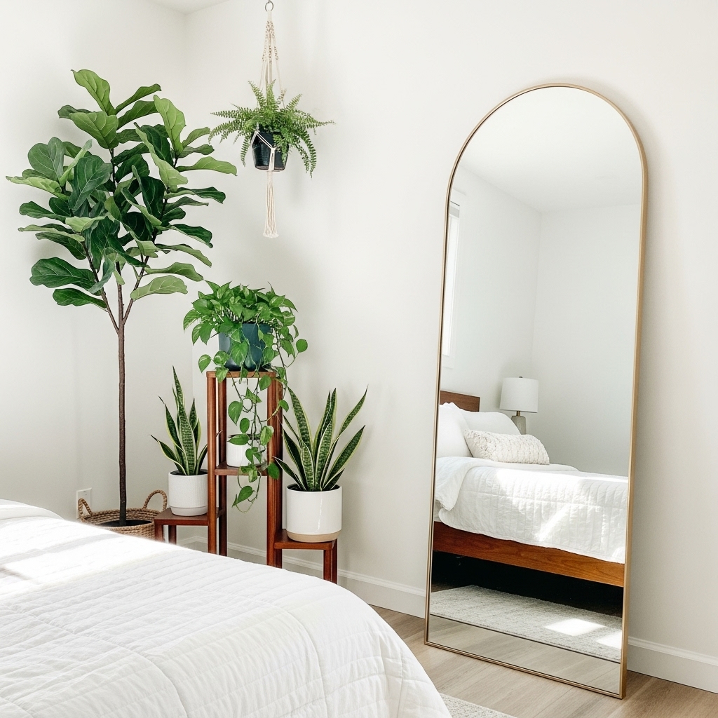 A serene bedroom sanctuary featuring a curved headboard, warm terracotta walls, soft velvet bedding, large mirrors reflecting gentle natural light, and a cozy plant-filled corner, creating an inviting and eye-catching modern retreat.