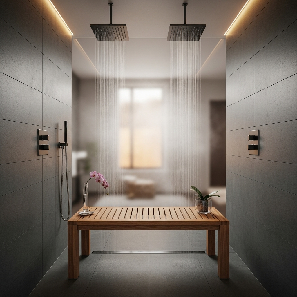 A serene spa-like shower featuring a teak wood bench, dual rainfall shower heads, and warm steam filling the space, creating a luxurious and pampering 2025-inspired bathing experience.