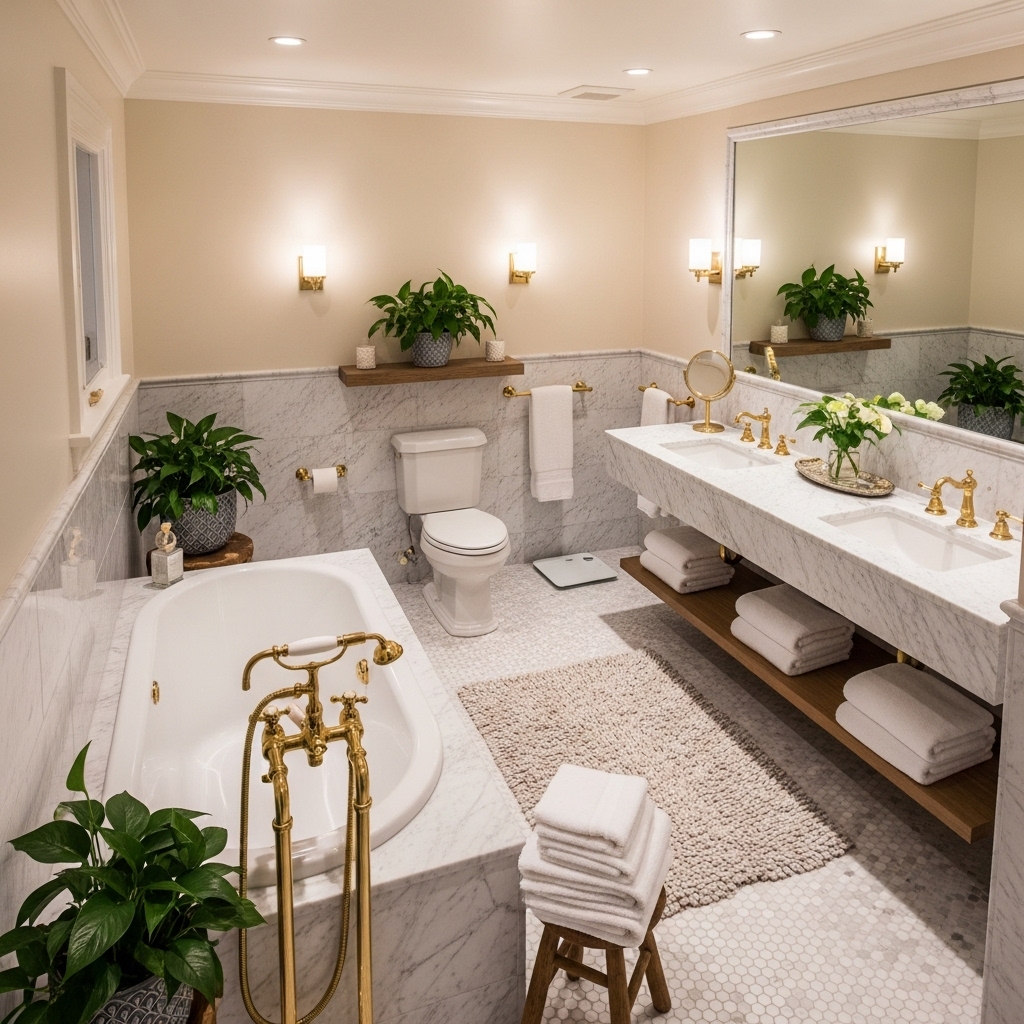 A luxurious full-bathroom view featuring a marble soaking tub, elegant gold fixtures, soft ambient lighting, lush green plants, and a cozy bath mat, creating an indulgent and restorative 2025-inspired spa-like atmosphere.