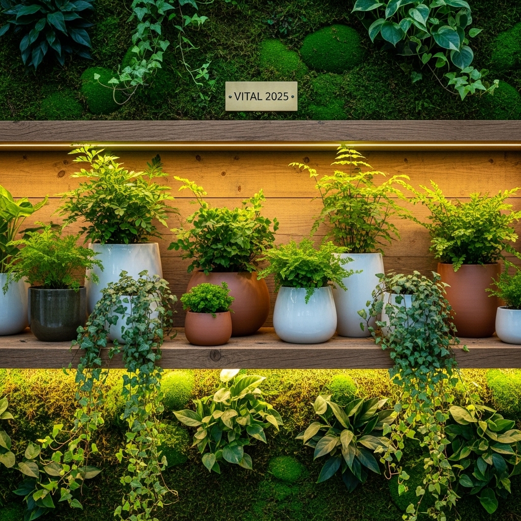 An eye-catching 2025-inspired shelf styled with lush ferns in ceramic pots and trailing ivy cascading over the edges, set against vibrant green walls. The layered greenery and natural textures create a sense of fresh movement, energy, and modern botanical vitality.