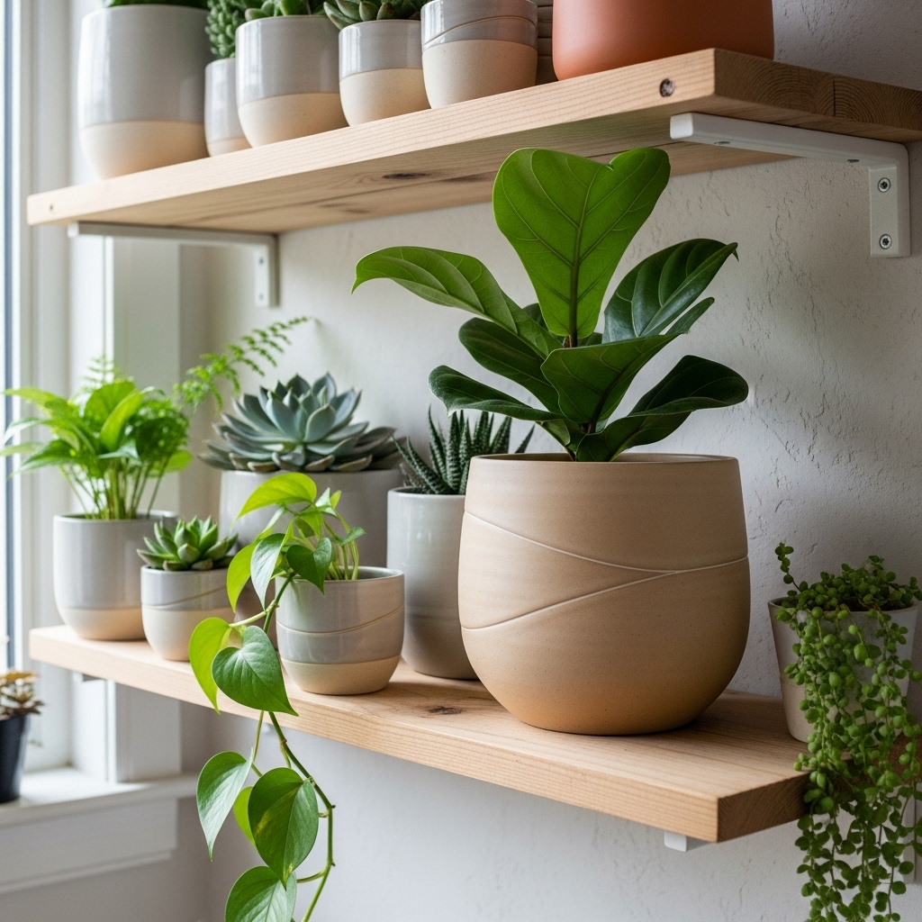 A 2025-inspired interior featuring a neutral-toned ceramic pot with a lush green plant, styled on a cohesive shelf display with complementary décor items. The arrangement highlights natural textures, earthy tones, and a modern, serene living aesthetic.