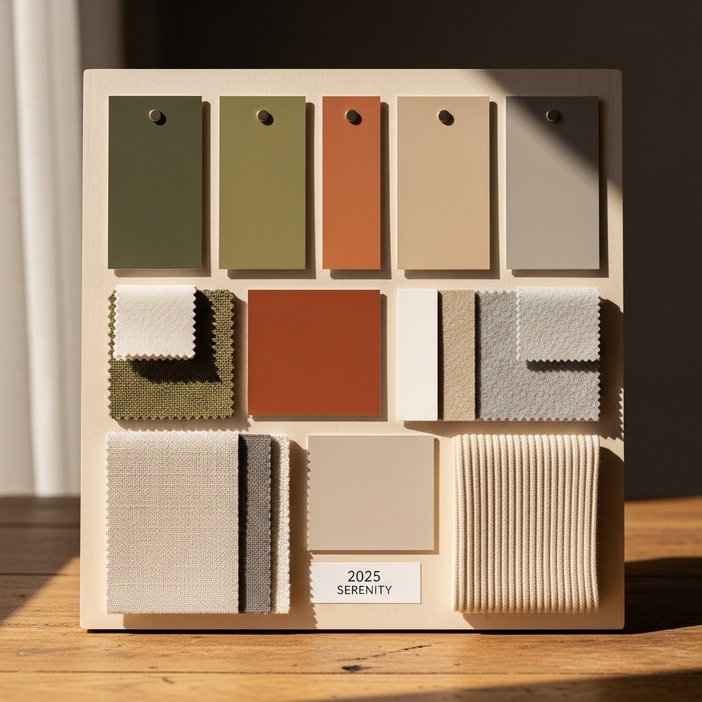 An eye-catching 2025 color swatch board featuring olive green, terracotta, and creamy neutral paint samples arranged neatly alongside coordinating fabric swatches, creating a balanced and serene modern palette.