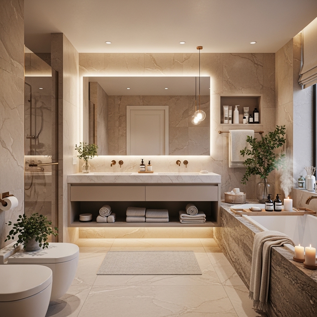 An ultra-realistic 2025 modern luxury bathroom featuring marble walls, soft gold fixtures, a floating vanity, ambient LED lighting, a large soaking tub, natural stone textures, greenery, fluffy towels, and candles, creating a serene spa-like atmosphere. The clean, minimalist design and cinematic lighting highlight elegant details, making it a perfect visual representation of modern luxury bathroom ideas.