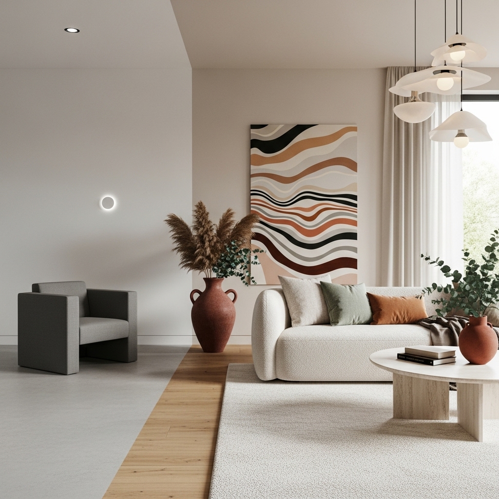 A striking 2025-inspired interior transformation showing a seamless transition from a stark minimalist room to a warm, layered living space. The image features plush textured rugs, sleek curved furniture, bold accent pieces, and natural wood elements, creating a nurturing flow between simplicity and cozy sophistication.