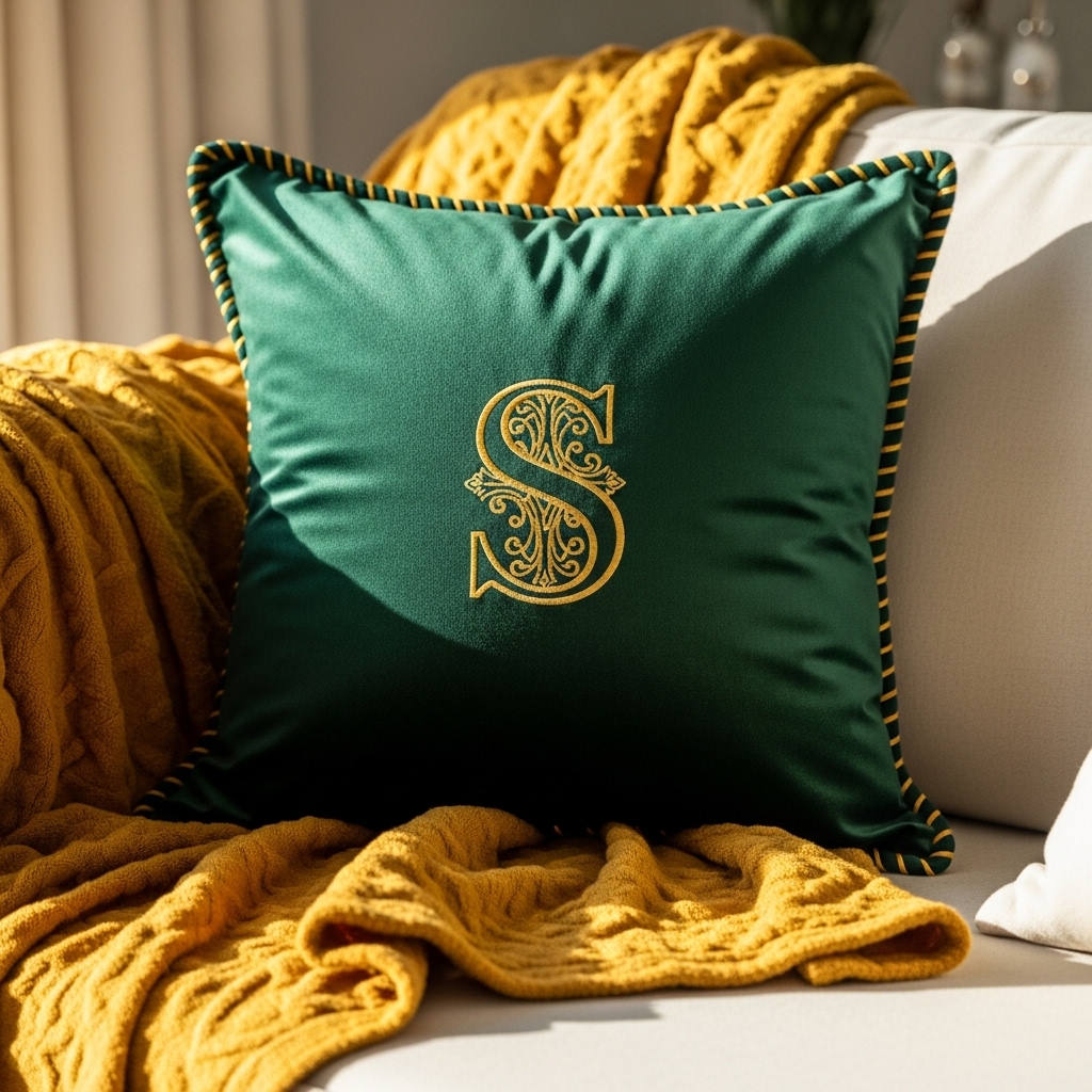 A DIY velvet pillow being sewn and filled with soft down, placed on a sofa with a gold throw, creating a personalized and elegant 2025 home décor look.