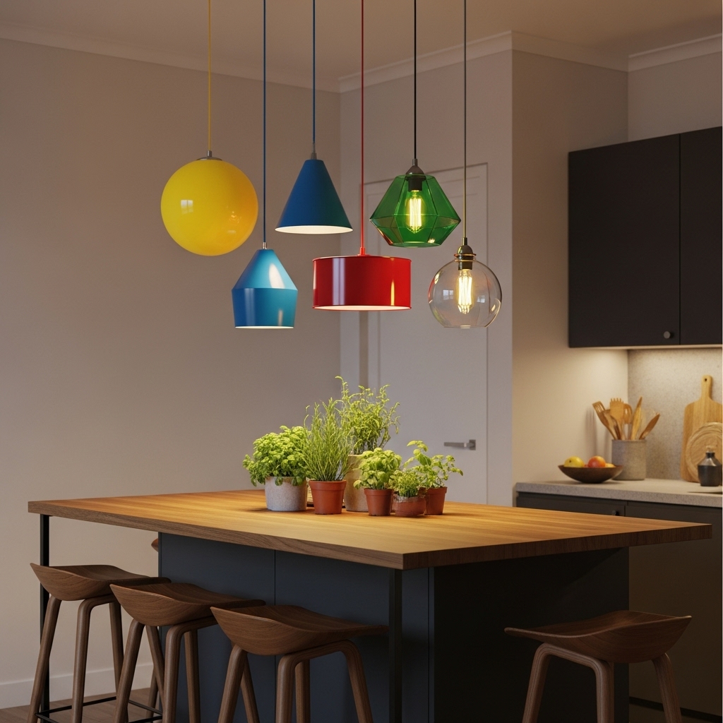 A stylish dining island with colorful pendant lights hanging above, fresh herbs arranged on the countertop, and warm wooden stools lined neatly below, creating an eye-catching and functional modern kitchen scene.