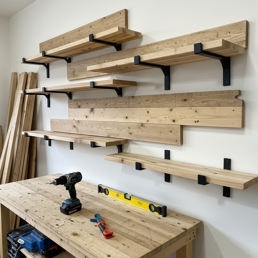A 2025-inspired DIY setup showing the assembly of a wooden plank shelf with brackets and minimal tools arranged nearby. The scene emphasizes personalized, creative home customization, showcasing modern, functional, and stylish design possibilities.