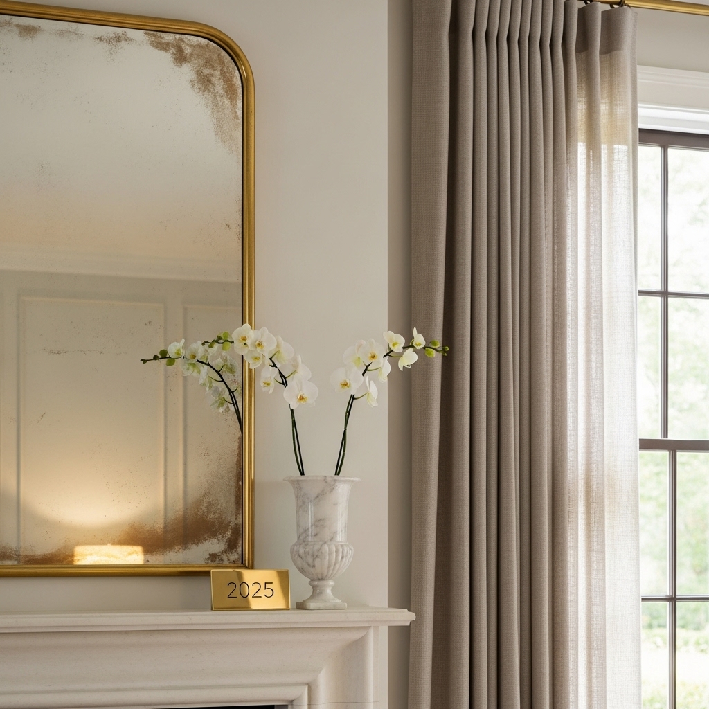 A beautifully styled mantel featuring a brass-framed mirror, an elegant marble vase, and soft linen drapes nearby, creating a sophisticated 2025 shine with warm, modern refinement.