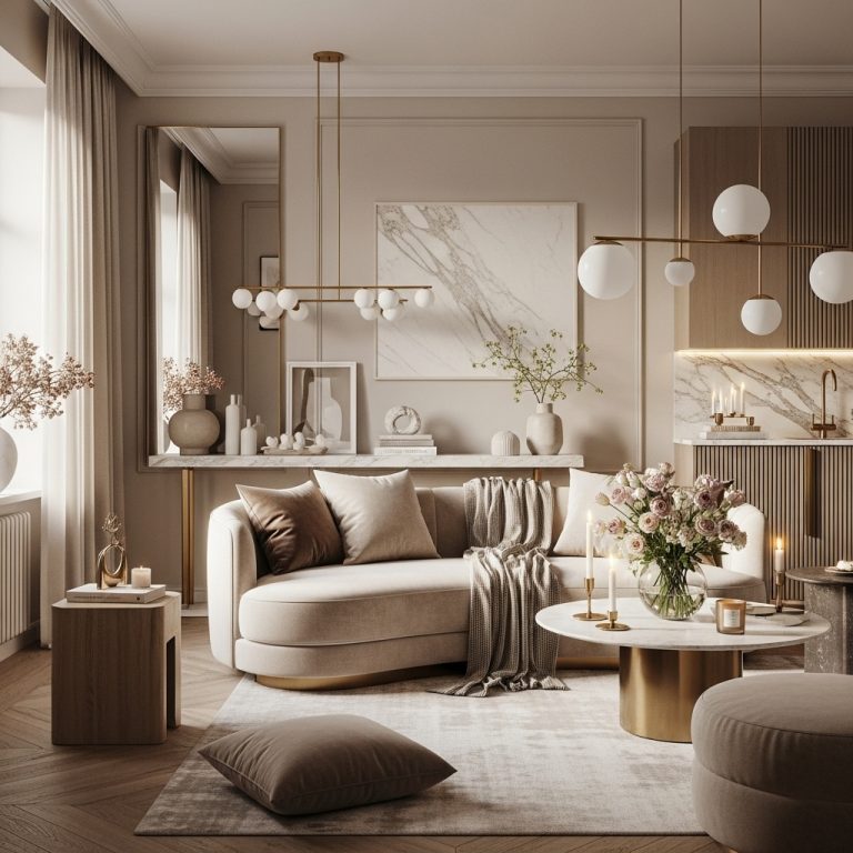 An ultra-realistic modern living room styled with modern cozy & elegant decor, featuring warm neutral tones in beige, cream, and taupe with soft gold accents. The space includes a curved sofa, velvet cushions, layered rugs, marble décor pieces, natural wood elements, candles, and fresh flowers, all illuminated by soft ambient lighting. The overall look is sophisticated, timeless, and inviting, captured in crisp editorial-style photography with a warm and elegant 2025 atmosphere.