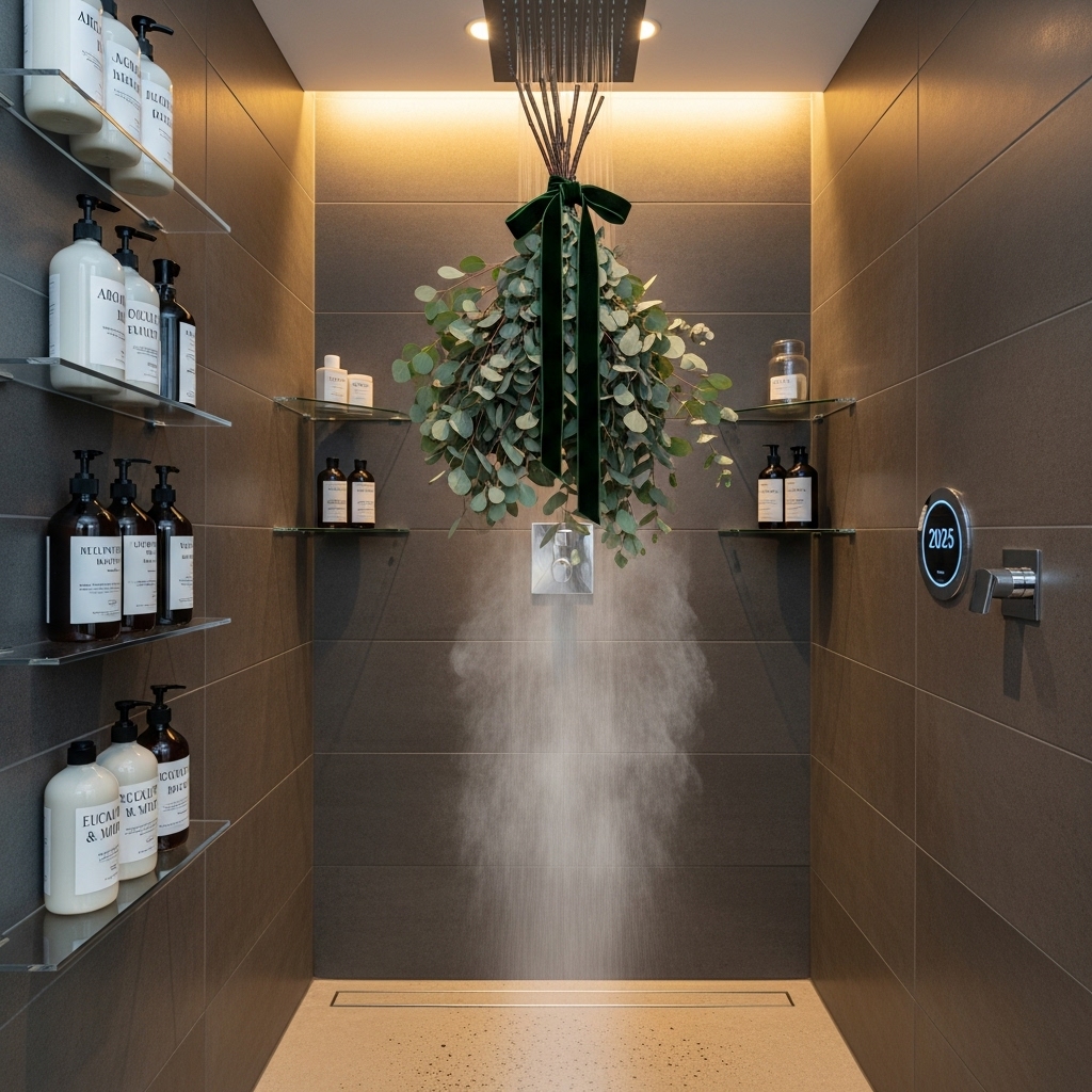 A calming modern shower scene with a fresh eucalyptus bundle tied with a ribbon hanging from the showerhead, gentle steam rising around it, creating a soothing and aromatic 2025-inspired wellness upgrade.