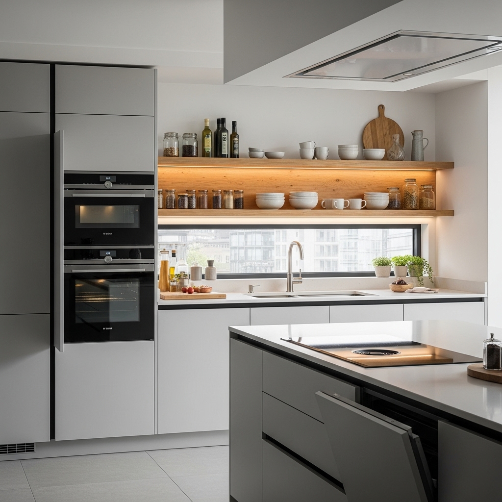 A sleek 2025-inspired kitchen featuring hidden appliance cabinets, open shelves neatly holding essential items, and clean, uncluttered countertops. The design emphasizes functionality, minimalist aesthetics, and efficient cooking with a modern, organized, and visually appealing layout.