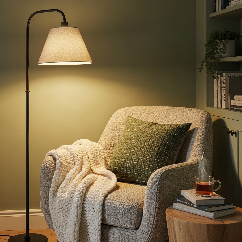 A cozy 2025-inspired reading nook featuring a linen-shade floor lamp casting a soft glow, a comfortable chair with a green pillow, and a plush throw, creating a warm, inviting, and serene corner.