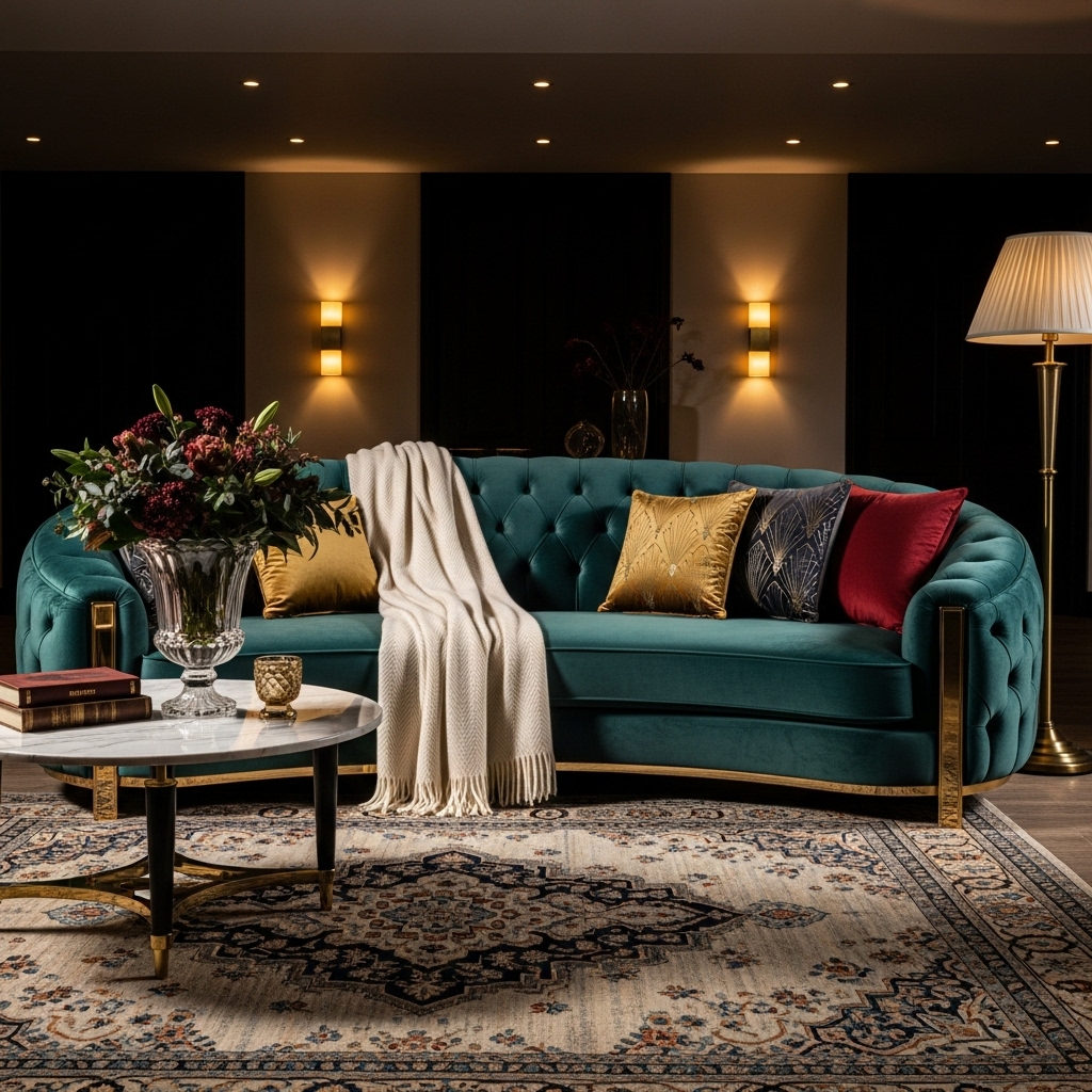 An elegant 2025-inspired sofa styled with a luxurious cashmere throw, plush velvet pillows, and a soft wool rug underneath, creating a rich, opulent, and deeply cozy atmosphere.