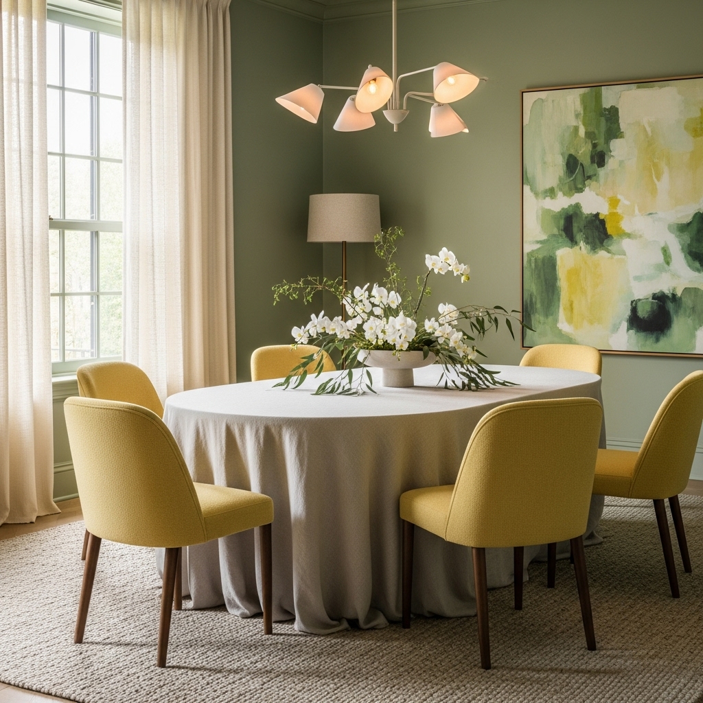A beautifully designed 2025 dining area featuring calming sage green walls, butter-yellow chairs, and soft layered textiles, creating an elevated and soothing modern atmosphere.