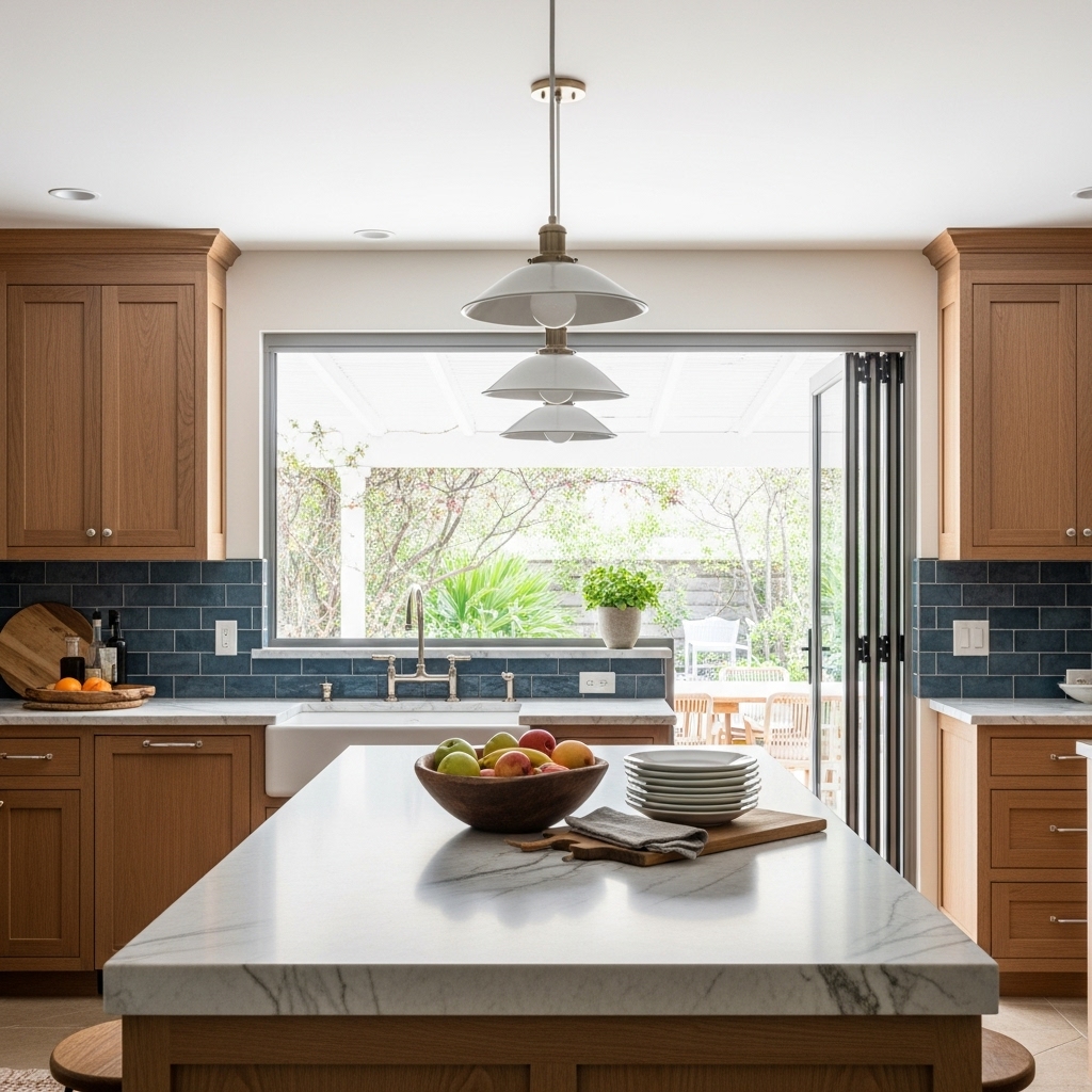 A warm and inviting kitchen featuring wooden cabinets, a stone island, moody blue tile backsplash, and elegant pendant lights, with open doors leading to a sunny patio, creating a beautiful setting for shared meals.
