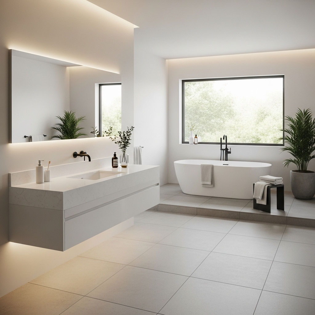 A modern 2025-inspired bathroom featuring a floating vanity with sleek matte fixtures and an open, uncluttered floor. The minimalist design, clean lines, and serene color palette evoke refreshed daily routines and a calm, contemporary atmosphere.