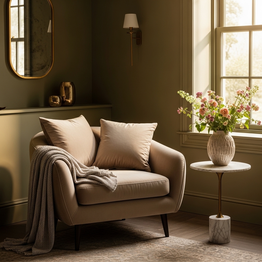 A beautiful sunlit room styled with luxurious 2025 coziness, featuring a curved armchair layered with velvet cushions and a soft throw. A marble table topped with fresh blooming flowers sits beside it, set against earthy green walls and refined gold accents, creating a warm, elegant, and inviting atmosphere.