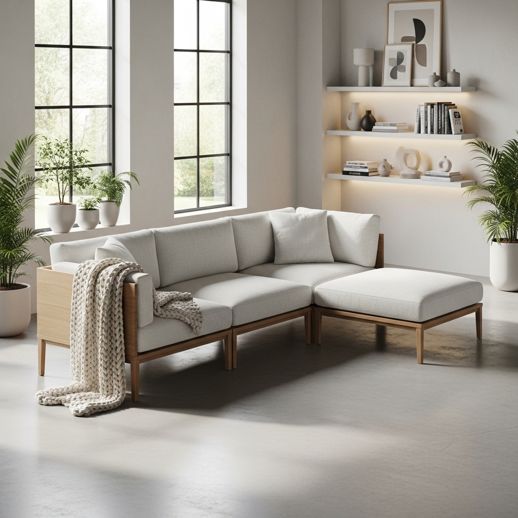 A modern 2025-inspired room featuring a modular sofa with clean lines, a sleek wooden frame, and a soft blanket draped over the seat. The flexible layout, neutral tones, and minimalist styling create a calm, adaptable living space with a contemporary, functional aesthetic.