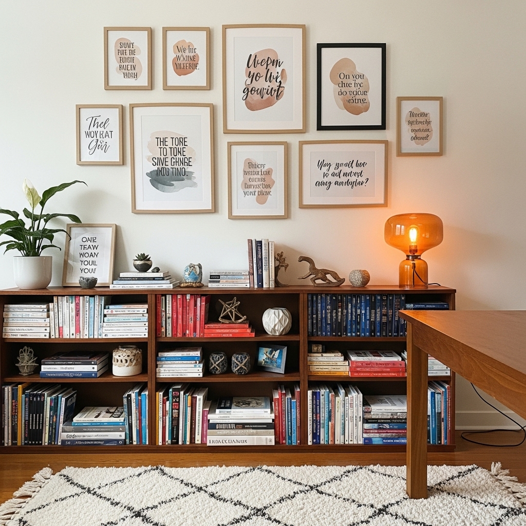 “A cozy motivational corner featuring a wall with inspirational quotes, a wooden bookshelf filled with neatly arranged books, a soft plush rug, and a warm amber desk lamp that creates an inviting, uplifting atmosphere.”