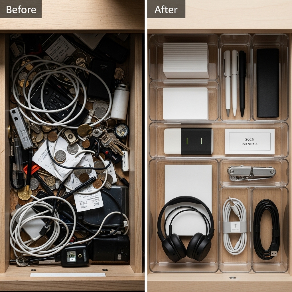 A 2025-inspired before-and-after scene showing a cluttered drawer transformed into a neatly organized space using labeled bins and essential items arranged in clear sections. The tidy layout highlights the relief, simplicity, and efficiency of modern minimalist living.
