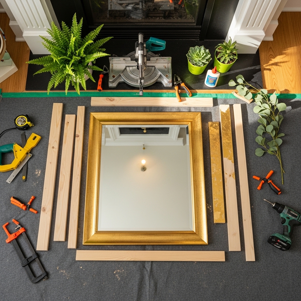 A DIY gold-frame mirror being assembled above a mantel, shown with simple tools, green accent décor, and a clean setup that highlights creative, budget-friendly 2025 home styling.