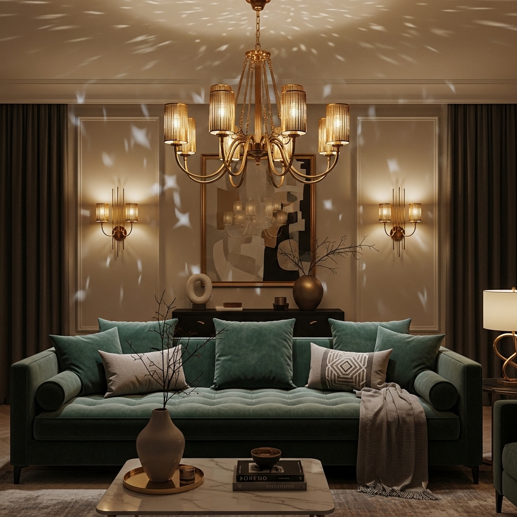 A luxurious evening interior featuring a gold chandelier, matching wall sconces, and a sofa softly illuminated by dimmed lighting, creating an elegant and sophisticated 2025-inspired ambiance.