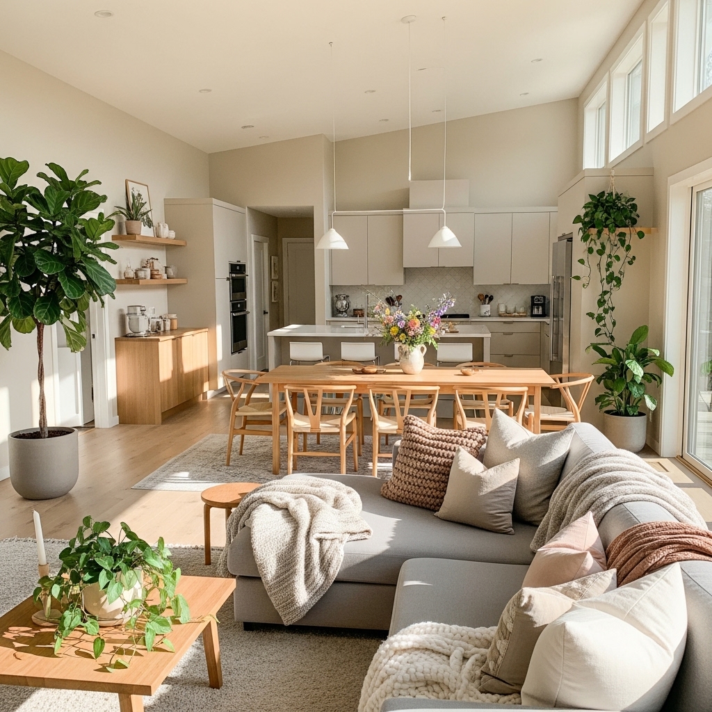 A 2025-inspired full-home interior overview featuring neutral-colored walls, clean-lined furniture, cozy throws, and strategically placed indoor plants. The harmonious arrangement, calming palette, and thoughtful décor create a serene, inviting, and modern living environment.