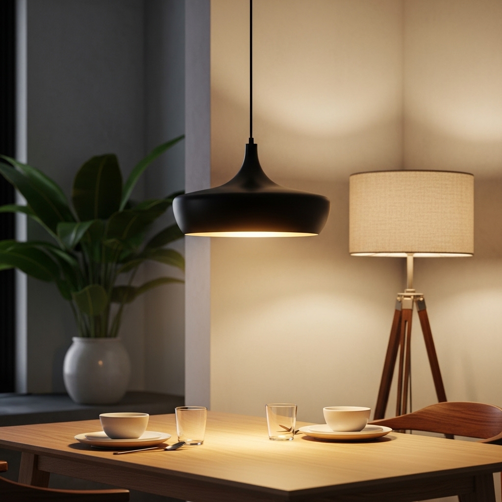 A serene 2025-inspired interior featuring an eye-catching pendant light hanging above a table, casting a soft dimmed glow. A linen-shade floor lamp stands nearby, adding warm, layered lighting. The gentle illumination and minimalist décor create a calm, inviting ambiance with a modern, peaceful aesthetic.