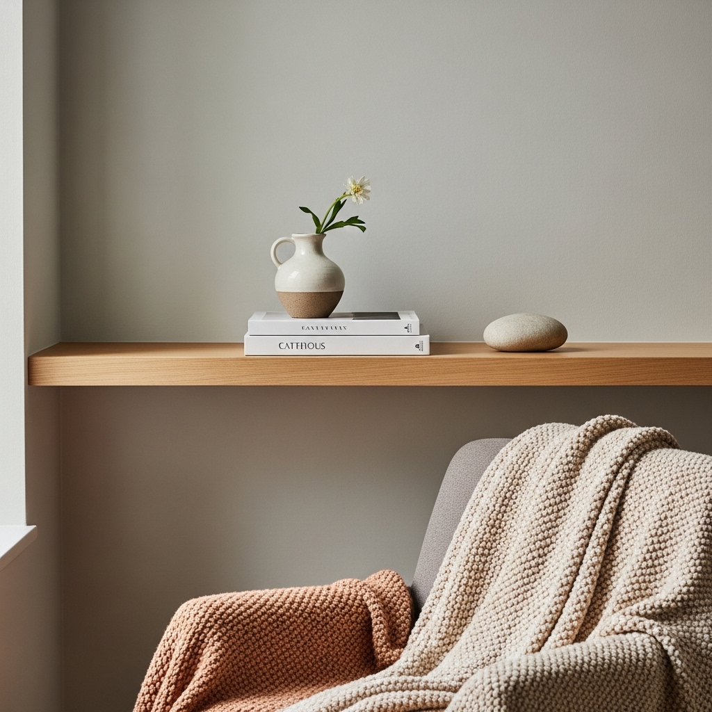 A serene 2025-inspired room featuring a minimalist shelf styled with carefully curated items that spark joy, alongside a cozy chair draped with a textured throw. The warm tones, simple décor, and uncluttered design create a sanctuary-like atmosphere perfect for modern home makeovers.