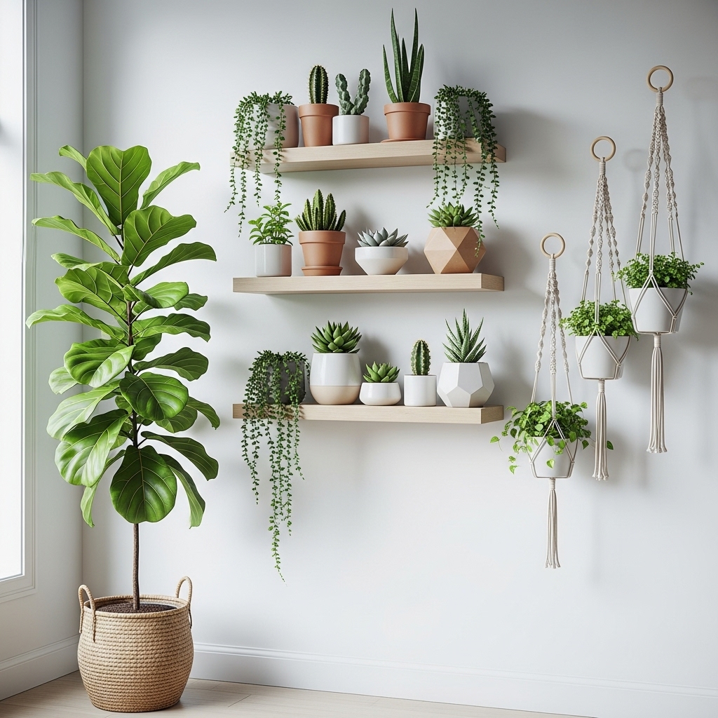 A fresh 2025-inspired interior corner featuring a tall fiddle leaf fig, small succulents arranged on shelves, and hanging pots with greenery. The combination of vibrant plants, natural textures, and clean arrangement evokes a sense of purity, freshness, and modern botanical elegance.