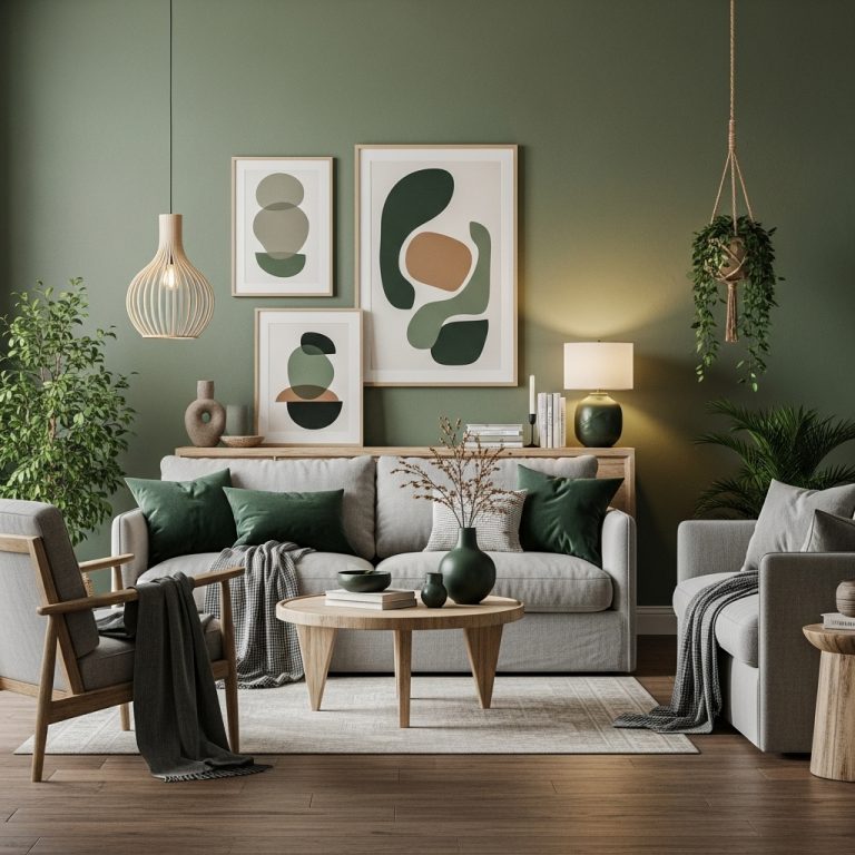 Ultra-realistic modern living room featuring modern green & cozy decor, styled with rich sage and forest green accents, soft earthy tones, natural wood textures, and layered linen fabrics. The space includes cozy seating with warm throws, lush indoor plants, organic shapes, minimal clutter, and warm ambient lighting, creating a fresh, inviting, and earthy 2025 atmosphere with crisp, high-end editorial details.
