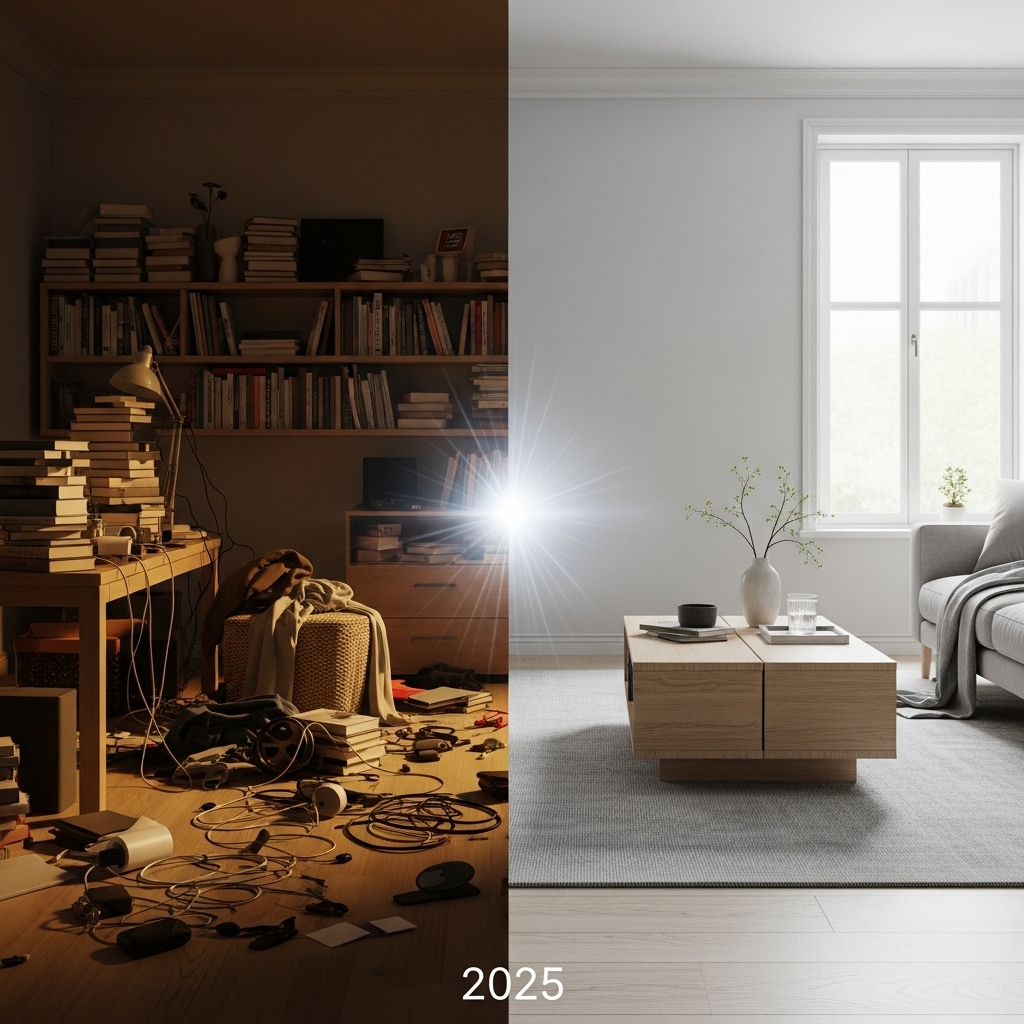 An inspiring 2025-style transformation scene showing a cluttered room evolving into a serene minimalist space with neutral tones, soft gray walls, a multifunctional coffee table, and minimal décor. The clean layout and calm palette highlight mental clarity, organization, and modern minimalist trends.