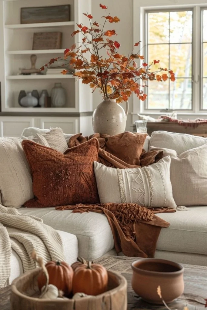 A warmly lit autumn living space with fall-inspired decor and a calm evening mood that reflects the spirit of Thanksgiving.