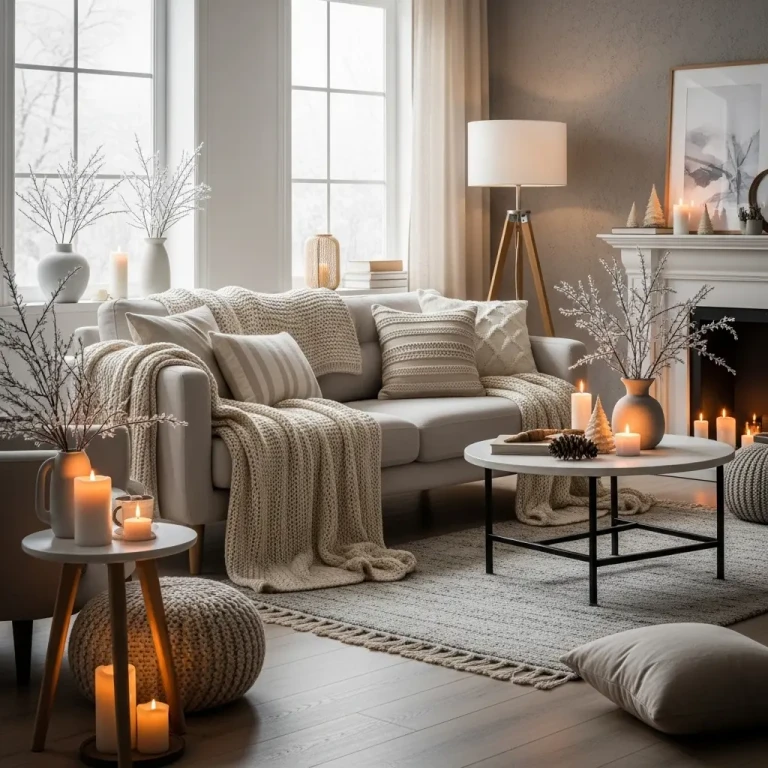 An ultra-realistic 2025 home interior showcasing modern winter home decor with a cozy yet stylish aesthetic. The space features a warm neutral palette of cream, beige, soft gray, and natural wood tones, highlighted by a plush sofa layered with knitted throws and textured cushions. Soft area rugs, minimal winter accents, frosted greenery, glowing candles, and warm ambient lighting complement large windows filled with gentle winter daylight, creating a calm, inviting, and elegantly modern seasonal atmosphere captured in high-end editorial photography.