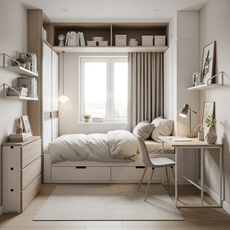 An ultra-realistic compact bedroom featuring smart bedroom space saving ideas, designed with a built-in storage bed, under-bed drawers, wall-mounted shelves, sliding wardrobe doors, a foldable desk, and multifunctional furniture. The light neutral palette of white, beige, and soft wood tones makes the room feel larger, while minimal clutter, cozy bedding, soft daylight, and warm ambient lighting create a clean, practical, and inviting modern space captured in high-end editorial photography.
