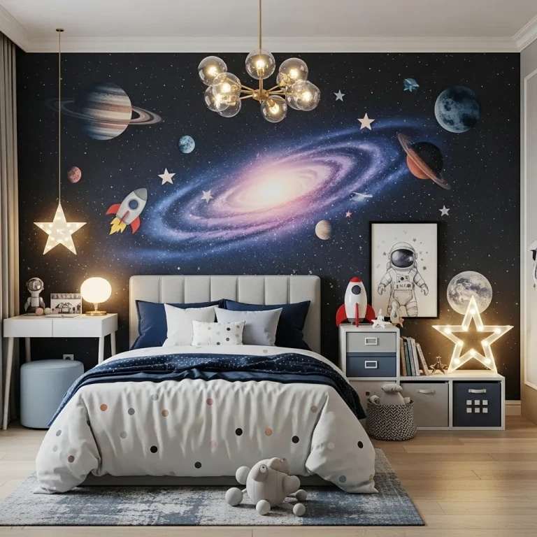 “Themed kids room ideas showcased in an ultra-realistic 2025 space-themed bedroom with galaxy wall art, glowing star lights, cozy bedding, and playful modern furniture, creating a fun and imaginative atmosphere.”