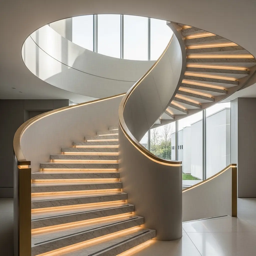Luxury contemporary interior showcasing Staircase Design Ideas for 2026, featuring a sculptural curved staircase with floating treads, refined materials, integrated lighting, and architectural minimalism.