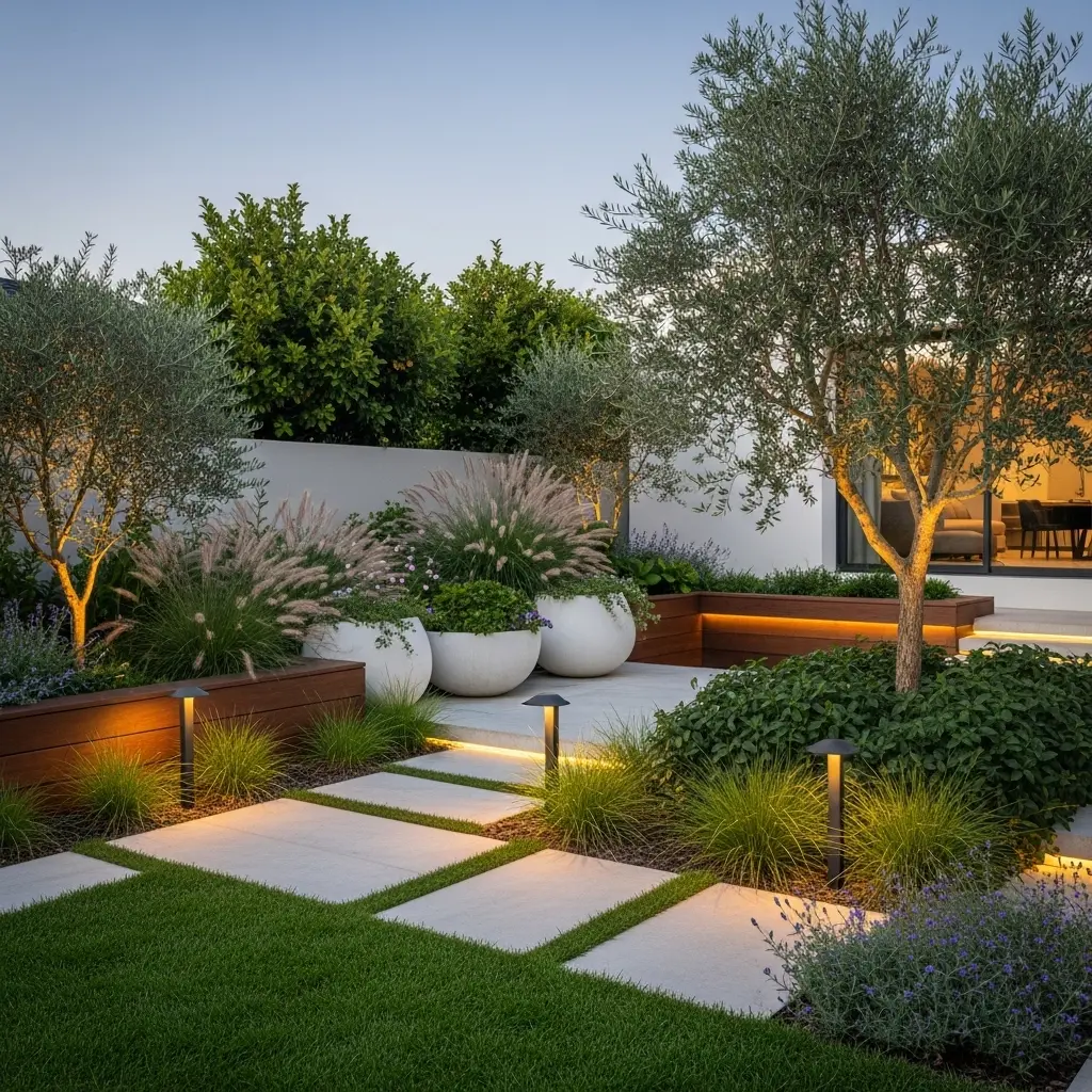Calm modern outdoor space highlighting Garden Design Inspiration for 2026, featuring native greenery, textured grasses, stone pathways, sculptural planters, and a soothing minimalist landscape design.