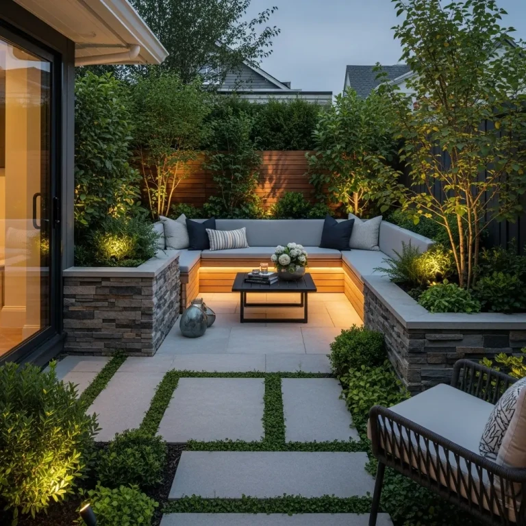 Stylish backyard jacuzzi outdoor outdoor space highlighting Yard Landscaping Ideas for 2026, featuring built-in seating, lush greenery, layered planters, natural stone and wood accents, and a cozy modern patio designed for small spaces.