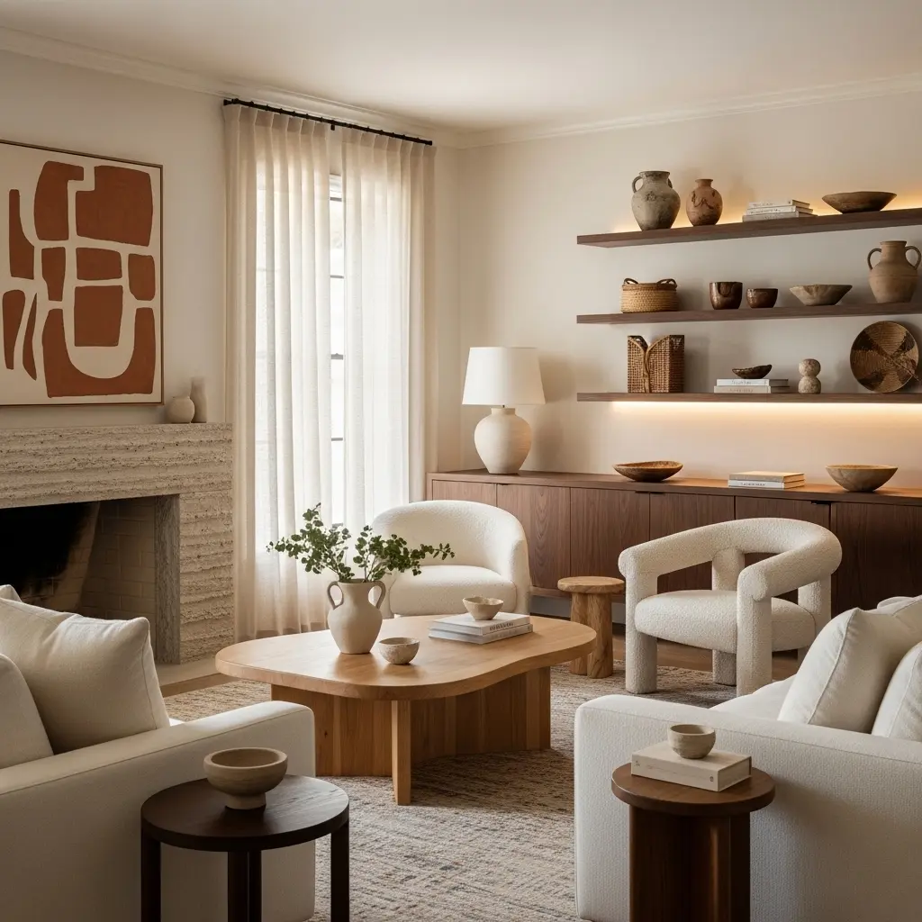 Modern interior highlighting Timeless Home Decor for 2026, featuring warm layered textures, natural materials, sculptural furniture, soft lighting, and an understated luxury aesthetic.