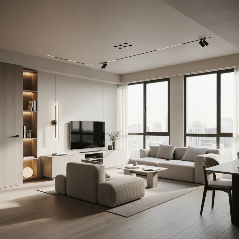 Modern Minimalist Apartment interior in 2026 featuring clean lines, neutral tones, multifunctional furniture, and large windows with a city skyline view.