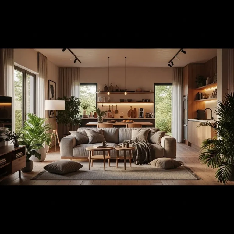 Cozy Interiors in 2026 featuring a warm living space with indoor plants, soft lighting, wooden accents, and comfortable neutral-toned furniture.