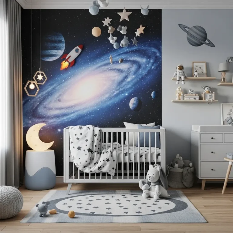 Nursery Ideas inspired by space adventures featuring a modern boys’ room with galaxy wall art, rocket decor, cozy crib, and soft blue tones.