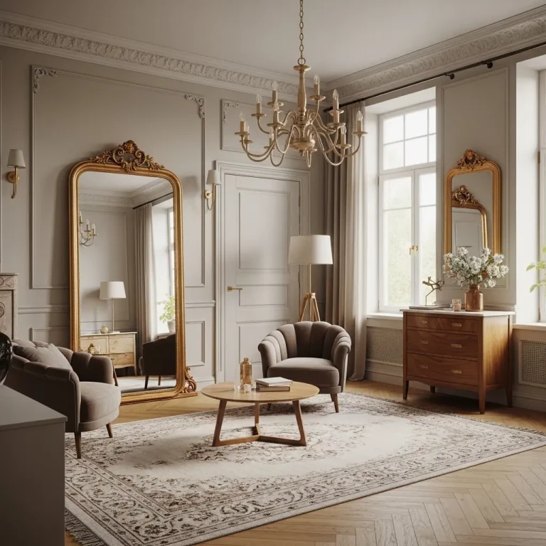 Vintage Home Interior in 2026 featuring classic wooden furniture, an ornate mirror, warm golden lighting, and elegant timeless decor.
