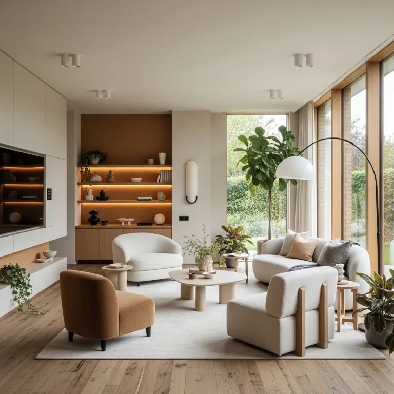Home Interior Trends in 2026 featuring a modern open-concept living space with smart technology, natural materials, warm lighting, and indoor plants.