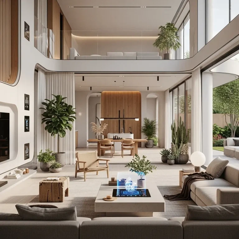 Futuristic modern interior design in 2026 featuring a smart open-plan living space with minimalist furniture, smart home technology, natural lighting, and sustainable materials.