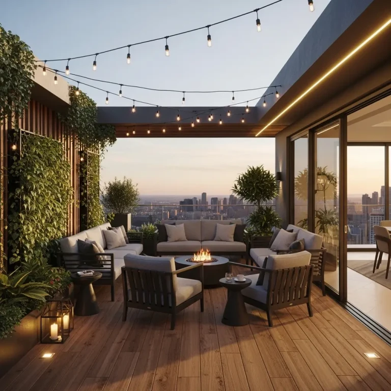 Terrace Design Inspiration for 2026 featuring a modern outdoor living space with stylish seating, warm ambient lighting, wooden decking, and lush greenery.