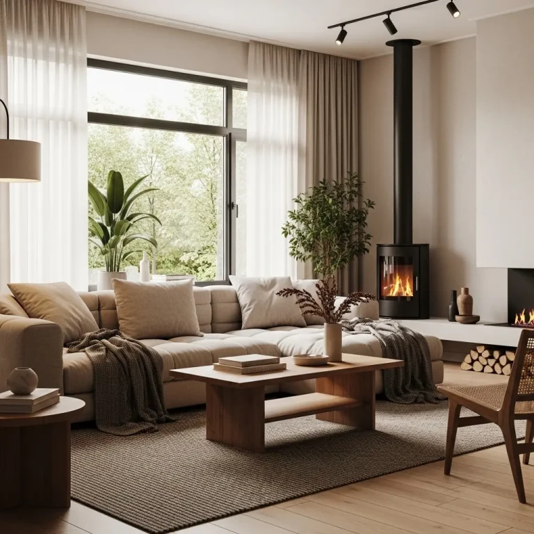Living Rooms in 2026 featuring a cozy modern setup with plush sofa, layered cushions, warm lighting, wooden accents, and indoor plants.